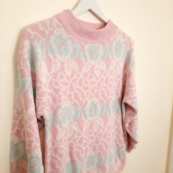 VTG Pink Blue Pastel Floral High Mock Neck  Sweater Sz Large Soft Ramie Blend - Picture 6 of 9